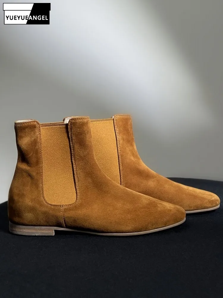 British Style Genuine Leather Round Toe Slip On Ankle Boots Solid Color Sheep Suede Female Comfortable Low Heel Footwear