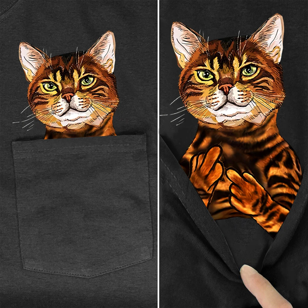 CLOOCL Tabby Cats Cotton T-Shirts Funny Animals Show Double Middle Finger Print Pocket T-shirt Women Clothing Short Sleeve Tees