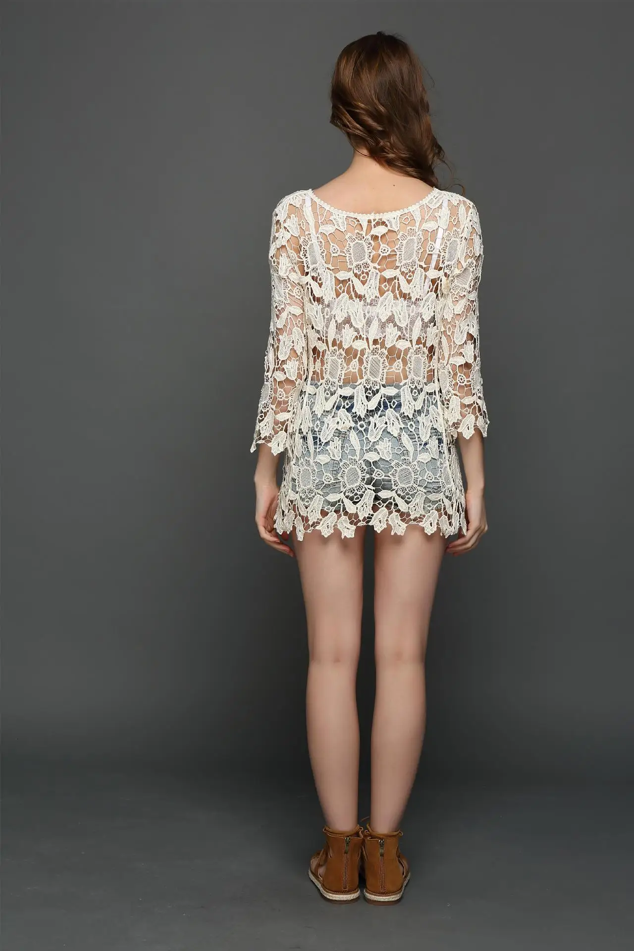 Feminino elegante floral renda crochê topo sheer manga longa blusa praia cobrir estilo boho verão topo