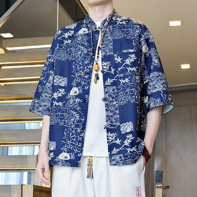 Men's Chinese Style Short Sleeve Tunic Shirt with Ink Wash Floral Print Traditional Frog Buttons Stand Collar Loose Fit Summer