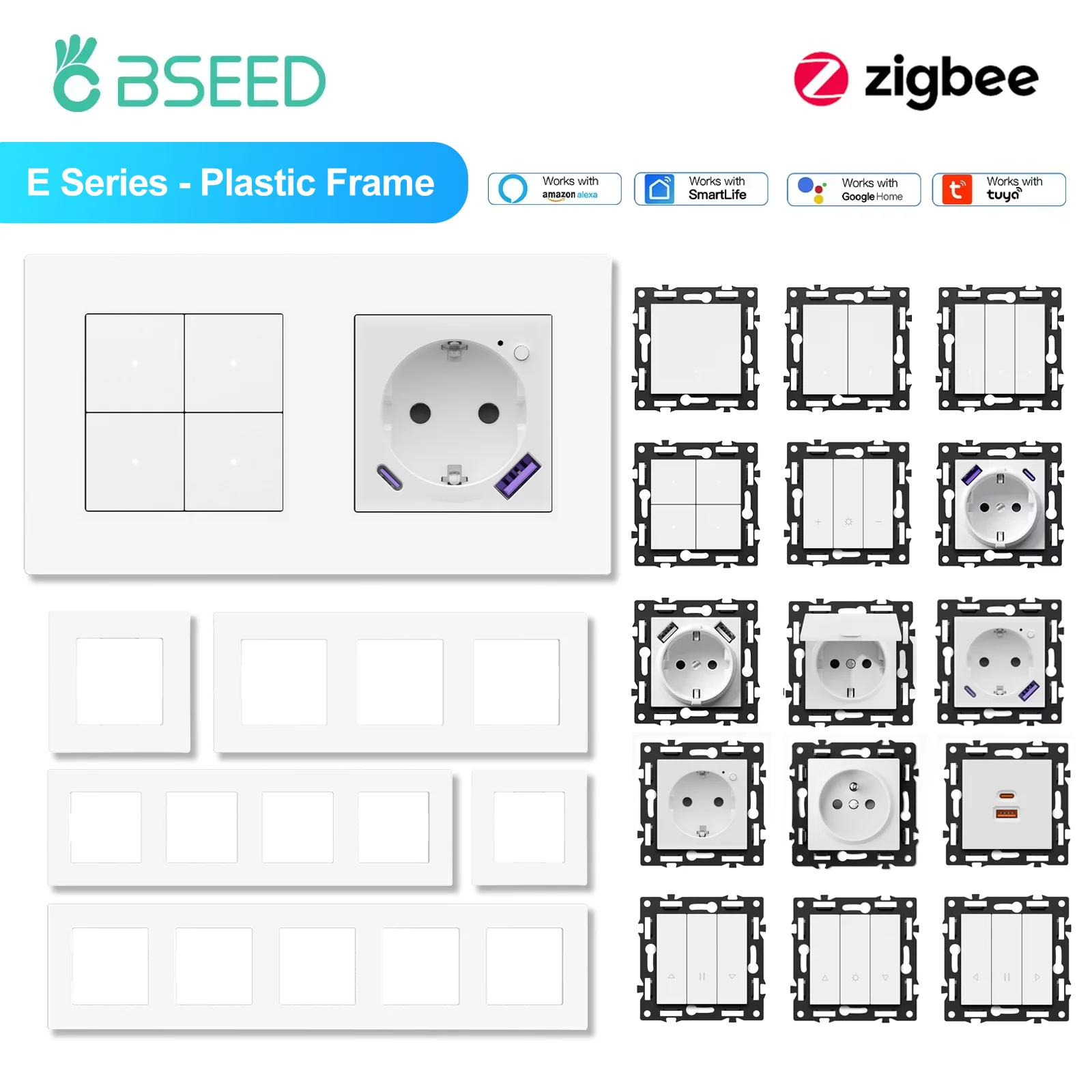 BSEED Zigbee Interruptores Inteligentes de Luz, Cortina e Dimmer de 1/2/3/4 Canais com Botões Mecânicos, Tomadas EU, Peças DIY USBC e Estruturas Plásticas