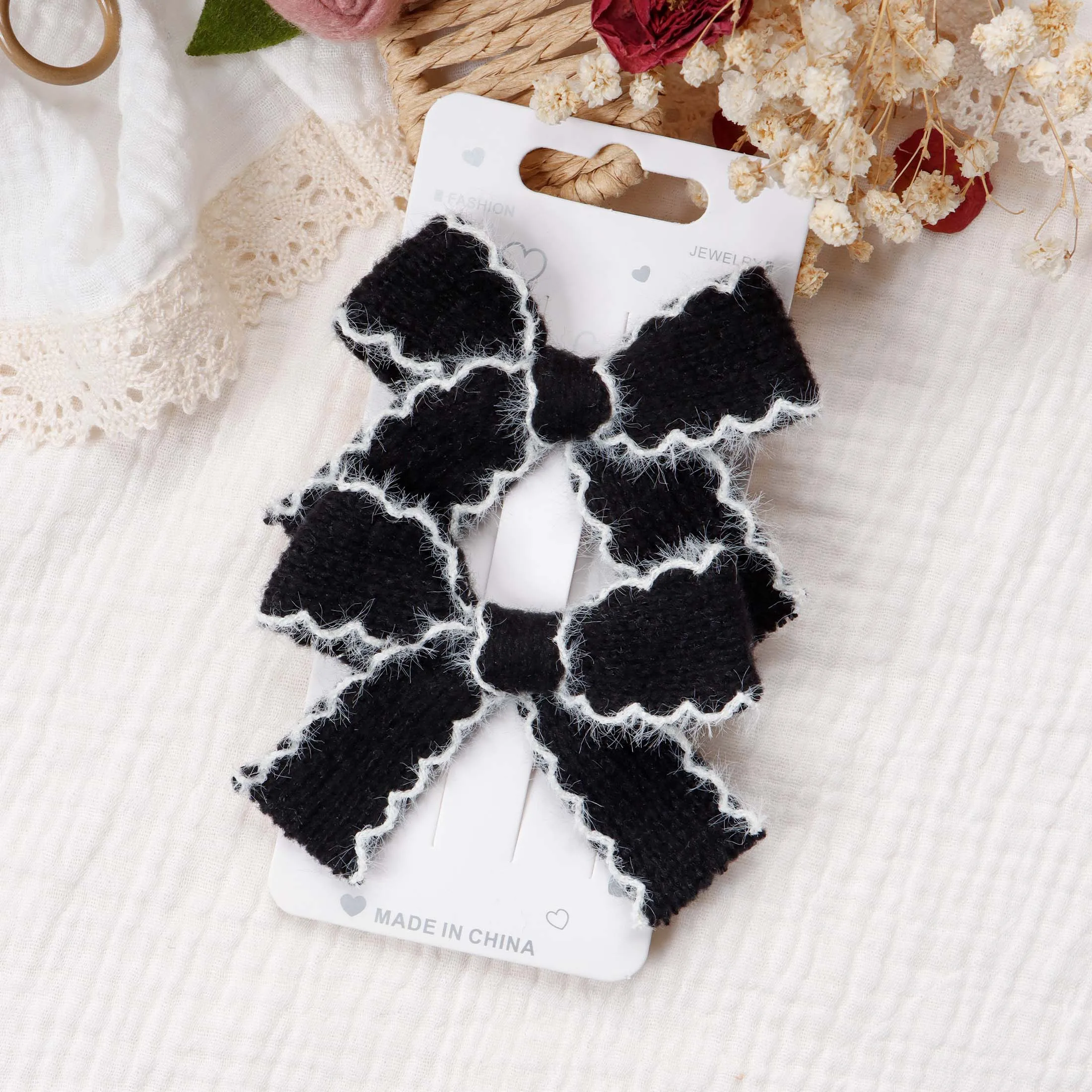 2 stücke Stricken Wolle Bogen Barrettes Gestreiften Spitze Bogen Haar Clip Für Mädchen Baby Herbst Decor Haar Zubehör Kid Party tragen Haarnadel – Detail 10