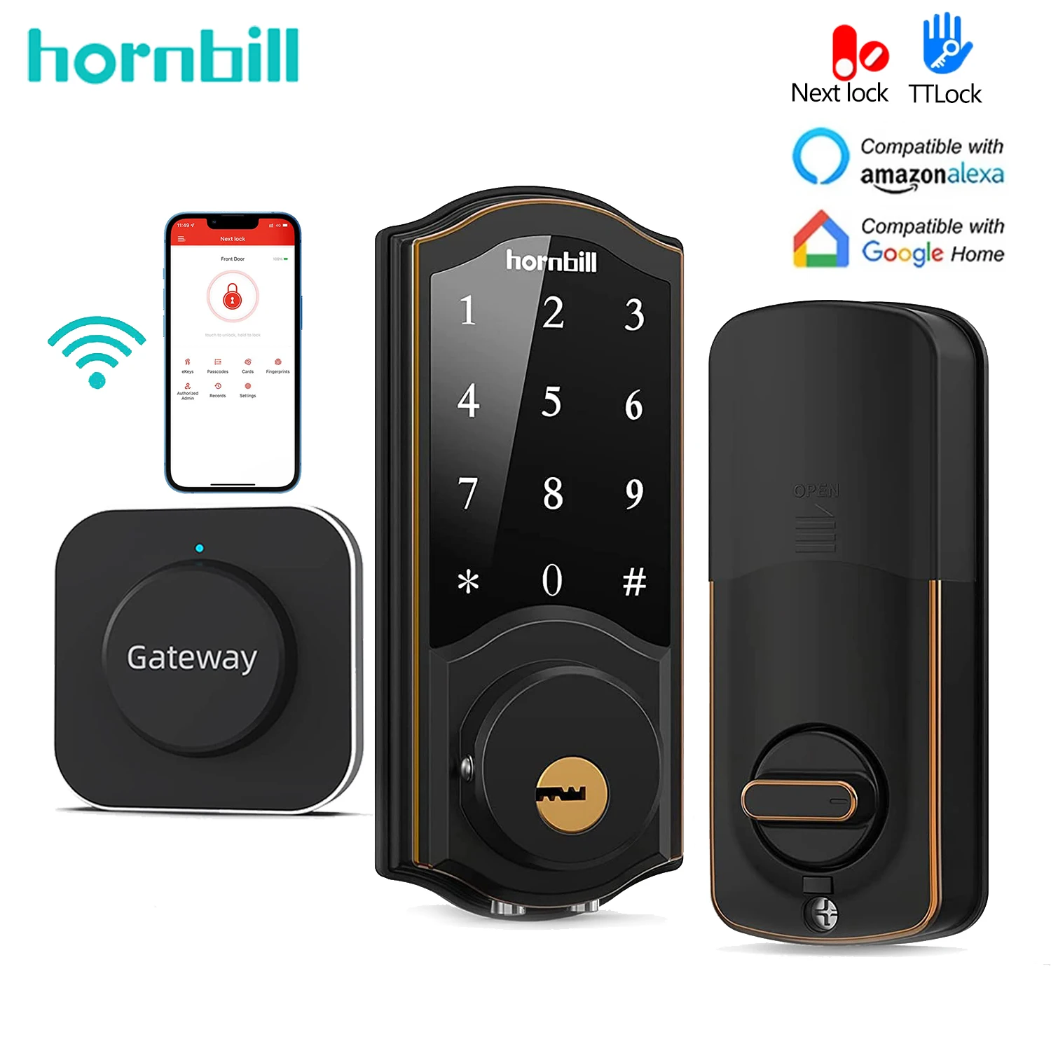 hornbill wifi eletronico fechadura da porta inteligente com g2 gateway controle remoto keyless entry front door locks bluetooth para casa segura 01