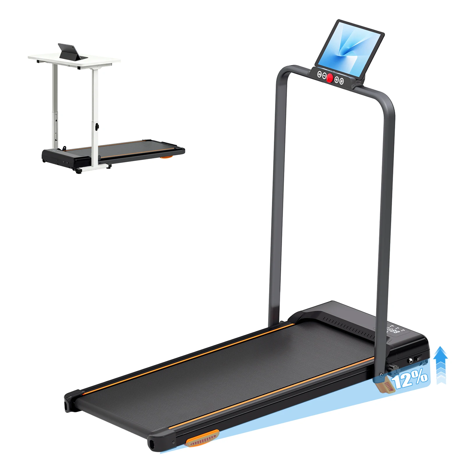 3.0HP Foldable Treadmill with 12% Incline, 0.6-8MPH Quiet Motor, 330LBS Load Capacity, Shock Absorption Design, Foldable Handrail & Wheels, LED Display Tablet Holder, Multi-Mode Home Office Under Desk Walking Pad