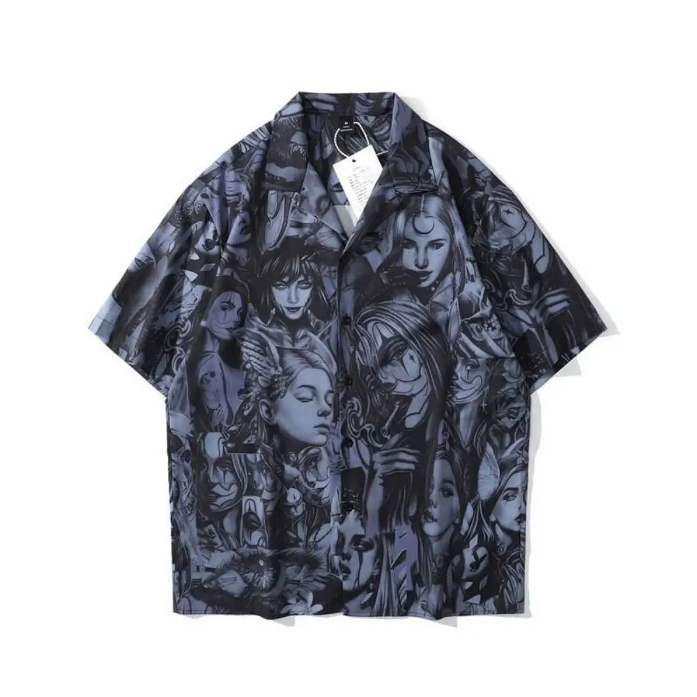 Harajuku Blousers Men Gothic Grunge Vintage Oversized Short Sleeve Shirts Chic Print Top Streetwear Hip Hop