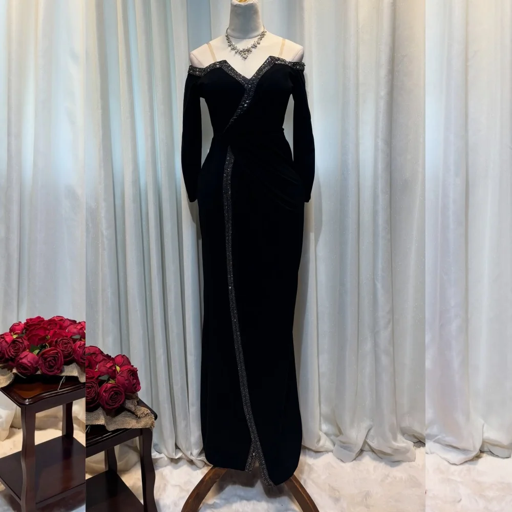 

Customized Simple Jersey Sequined Pleat Straight Off-the-shoulder Long Dresses Bespoke Occasion Fashion Exquisite