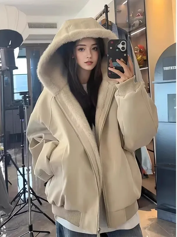 

Spring Thiened Fce Hooded Cotton Jaet Women's Loose Warm Cotton Clothes Bread Sle Faionable American Sle Coat