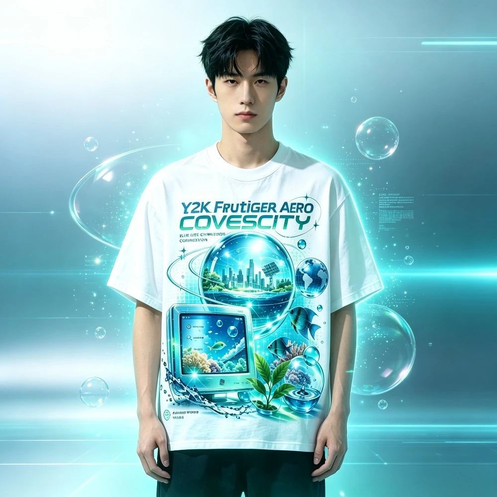 Ocean Data City Frutiger Aero Y2K Tee Men's Women's Underwater Fish Retro PC Oversized Streetwear T-shirt