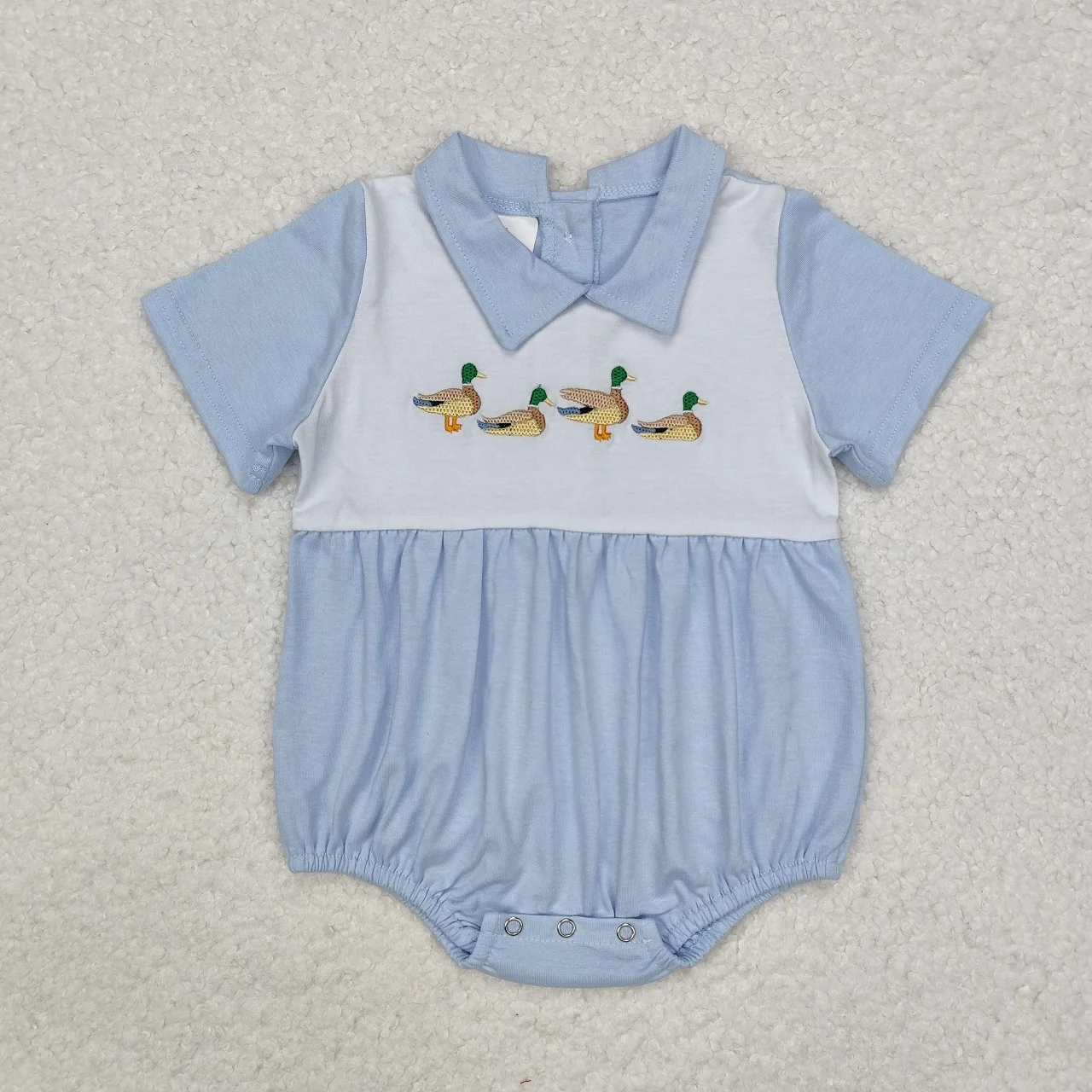 

Wholesale Children Baby Boy Bubble Embroidery Ducks Coverall Newborn Bodysuit Kids Toddler Short Sleeves Blue Cotton Romper
