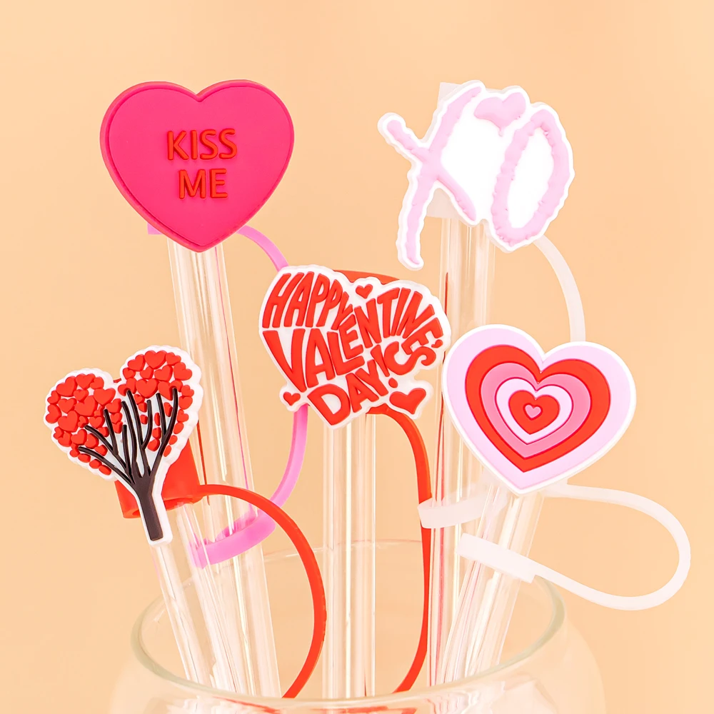 5pcs Cute Silicone Straw Cover Caps,Party Supplies 10mm Heart Cat Drinkware Straw Cap for 30&40 Oz, Dustproof Straw Topper Bulk