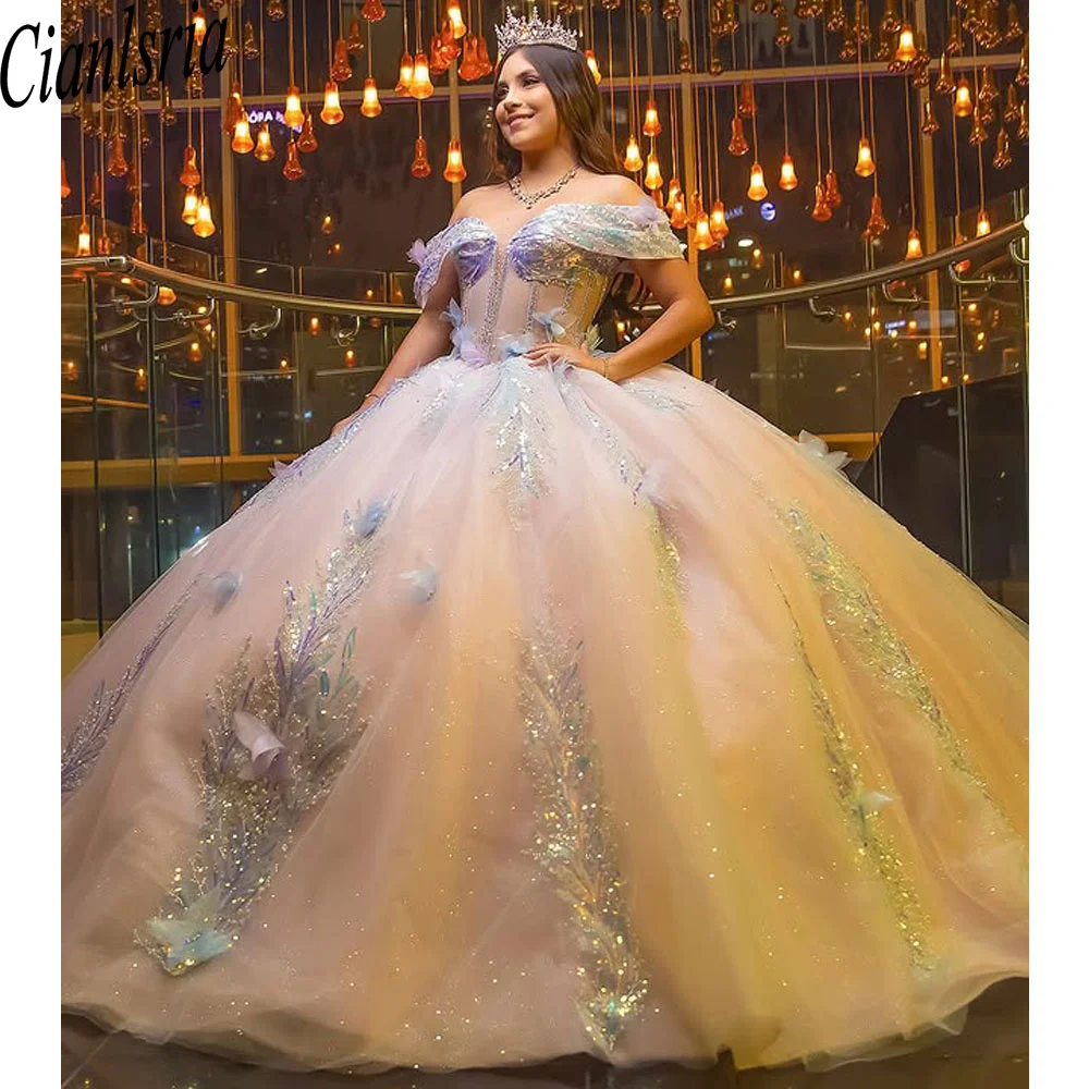 

Платье Quinceanera цвета шампанского с открытыми плечами, Vestido De 15, ани, аппликация, кружевные бусины, тюлевое вечернее платье принцессы на день рождения