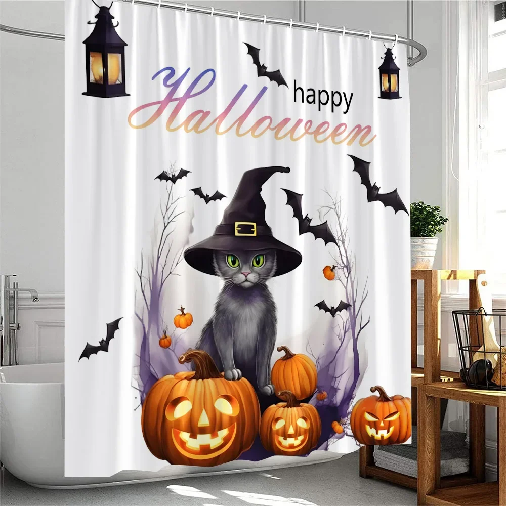 Happy Halloween Shower Curtain Black Cats Evil Pumpkins Zombie Graveyard Full Moon Horror Night Bathtub Curtain Cloth Bath Decor