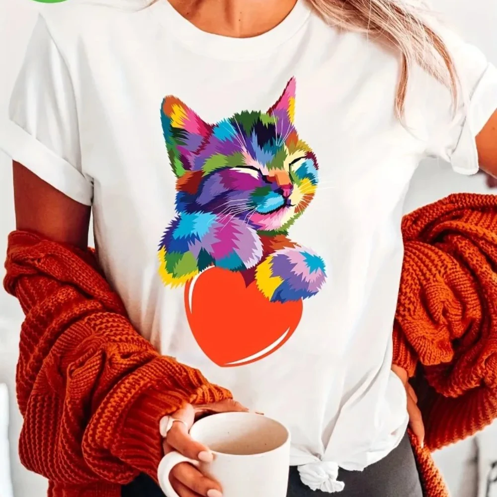 

Women's Cat and Heart Print T-Shirt Casual Crew Neck Short Sleeve Knit Top Suitable for All Seasons Streetwear