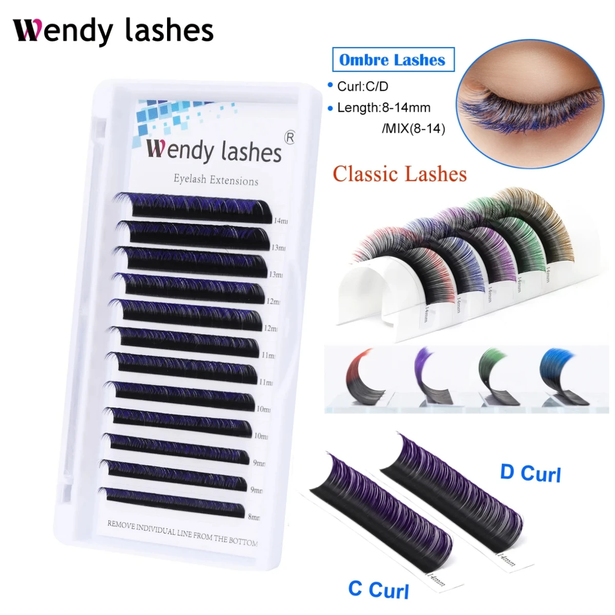Ombre Colored Eyelash Extension 12Row Individual Lashes Faux Mink Classic Red Green Brown Blue Purple Lash Professional Supplies