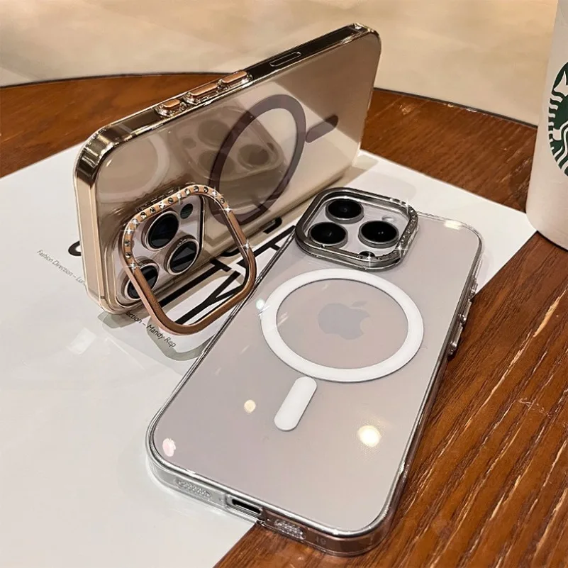 Чехол для телефона Magsafe с магнитным защитным кронштейном для iPhone 14, 15, 16 Pro Max Magsafe, прозрачный акриловый жесткий чехол с бриллиантами