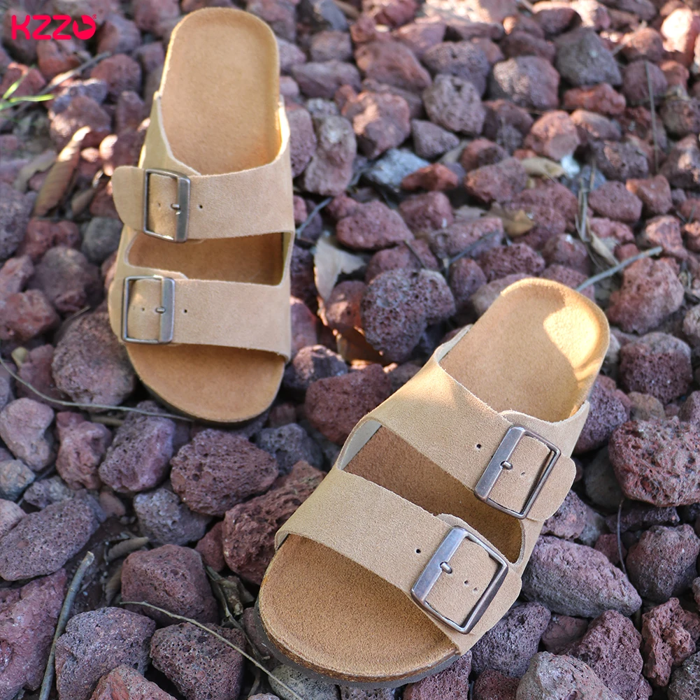 KZZO Women Genuine Suede Leather Slides Adjustable Buckle Cork Footbed Comfort Mules Casual Non-Slip Slippers For Spring Summer