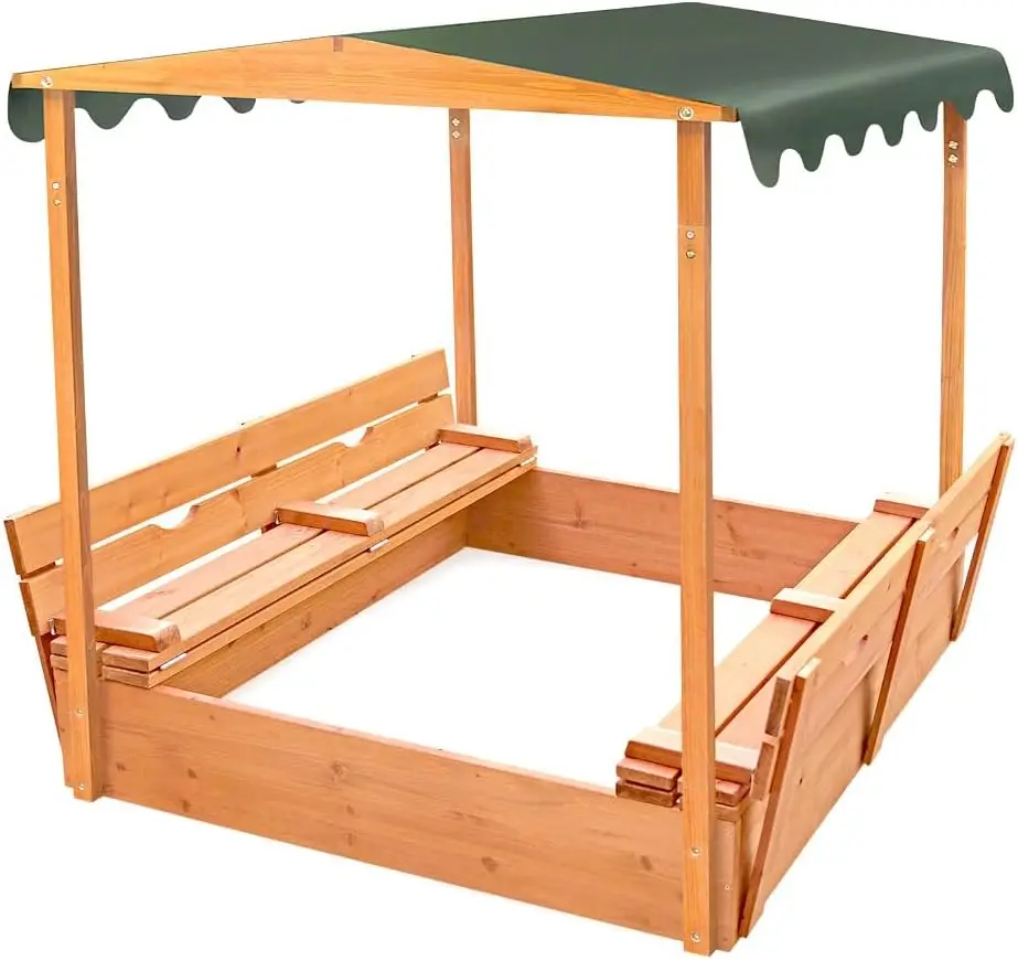Cedar Sandbox for Kids with Canopy & Benches - Outdoor Convertible Wooden Sandbox with Lid, UV Shade & Built-In Seating - Backya