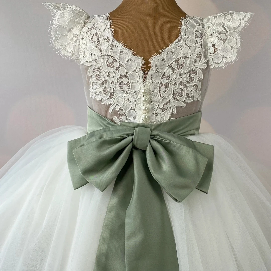 

Customized Flower Girl Dress For Wedding Appliques Bow High Waist Sleeveless Elegant Kids Birthday Party First Communion Gown