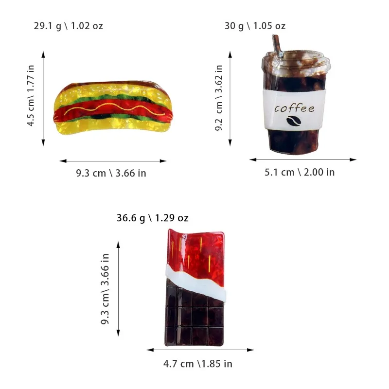 Creative Food-themed Large Acrylic Shark Hair Claw Unique Hot Dog Chocolate Coffee Cup Design Eye-catching Niche Hair Accessory