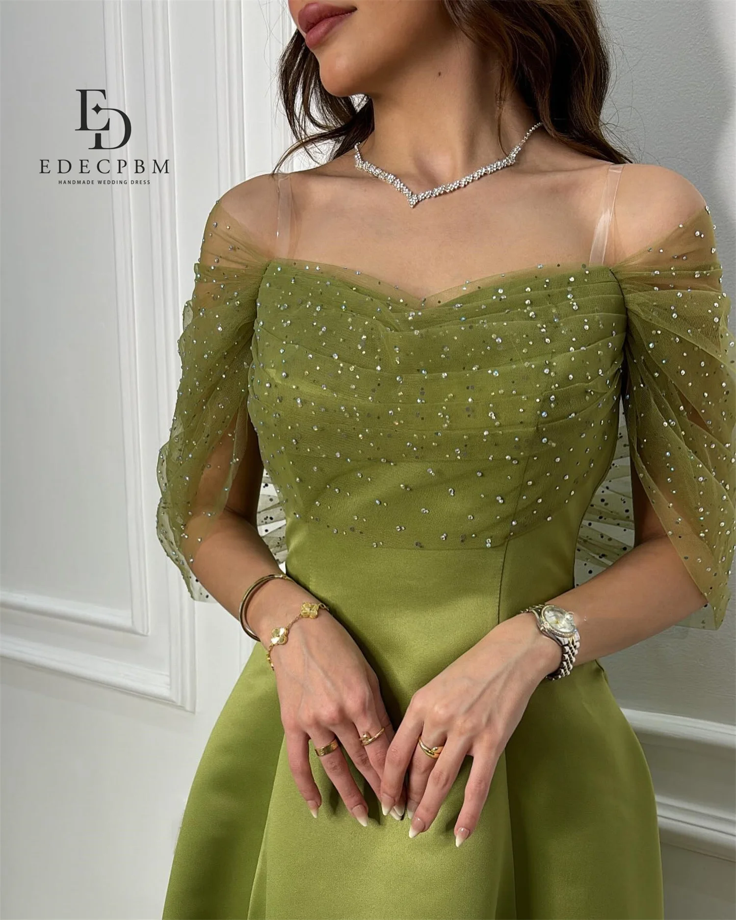 EDECPBM Eleganckie Sukienki Wieczorowe na Specjalne Okazje, Luksusowe Suknie Wieczorowe 2025 Damskie Zielone Satynowe Sukienki na Bal