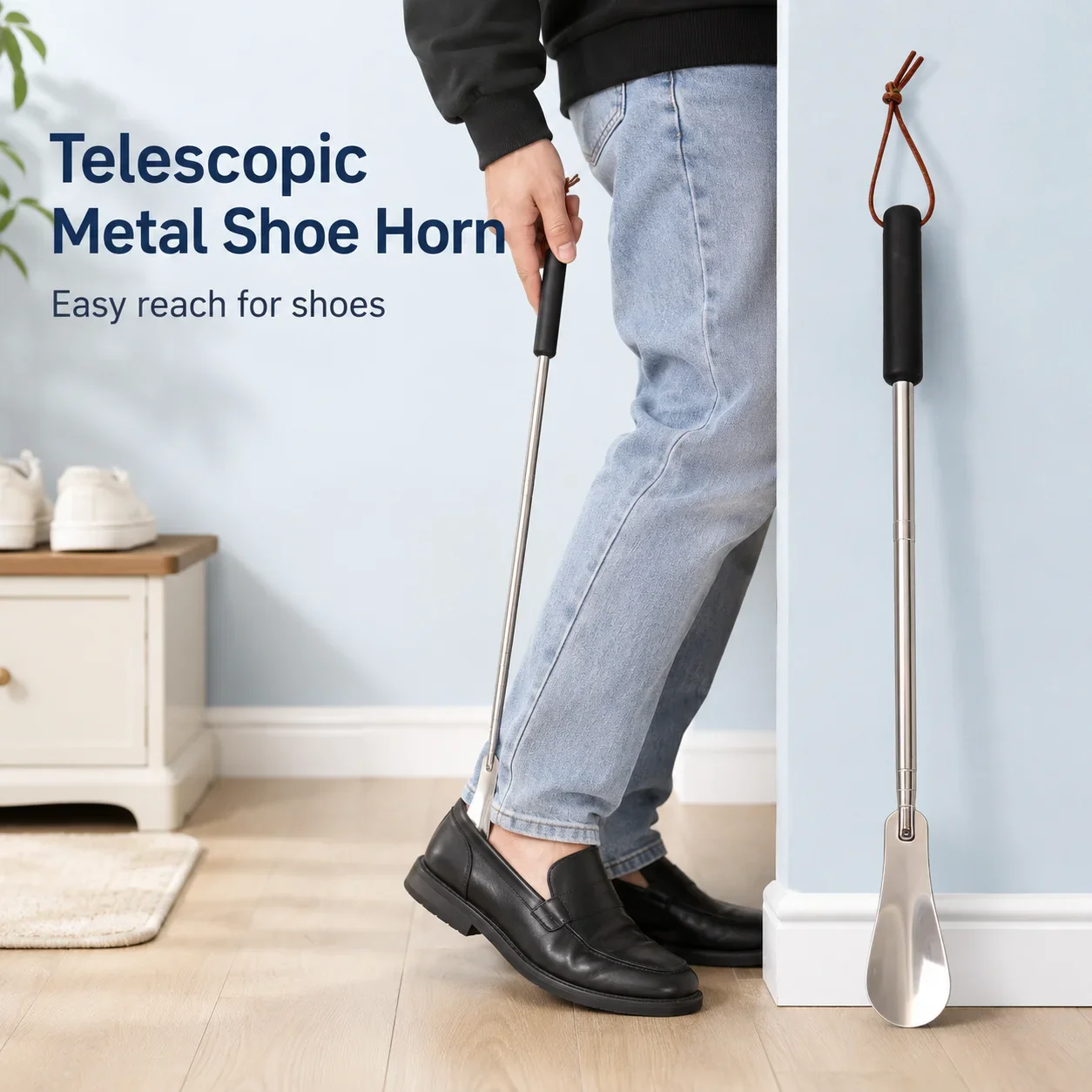 Retractable Metal Shoe Horn Long Handle Adjustable Shoe Lifter with Soft Grip for Seniors Pregnant Women Home Dressing Aid Tool