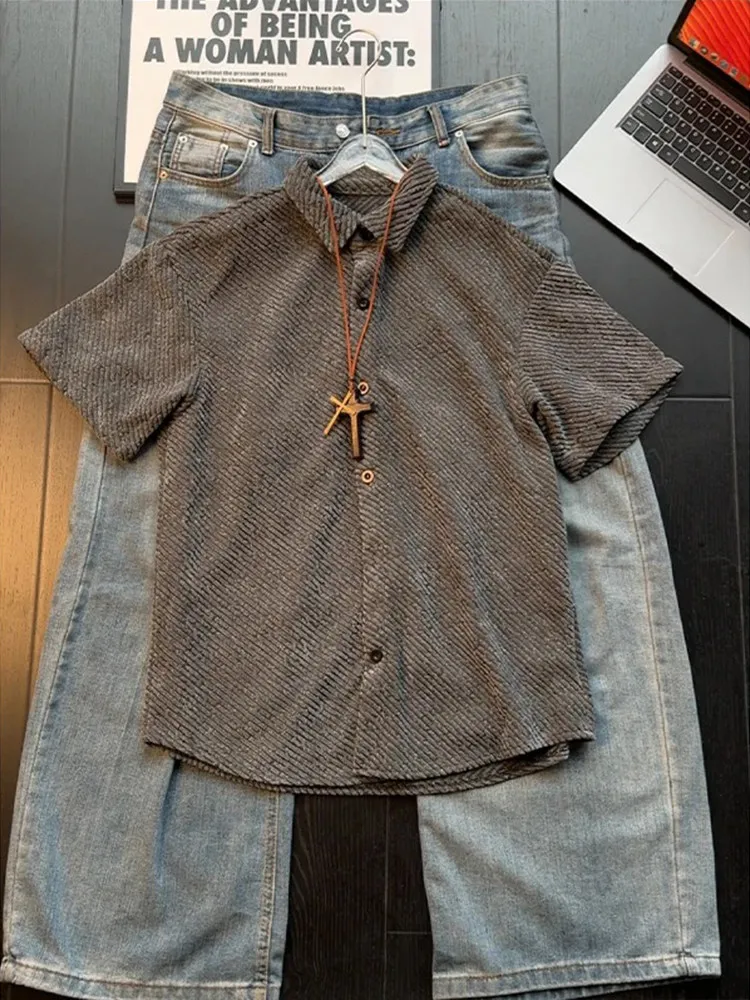 

Vintage Preppy Knitted Short Sleeve Men's Shirt Casual Loose Fit Summer Outerwear Classic Collar Lazy Style American Retro