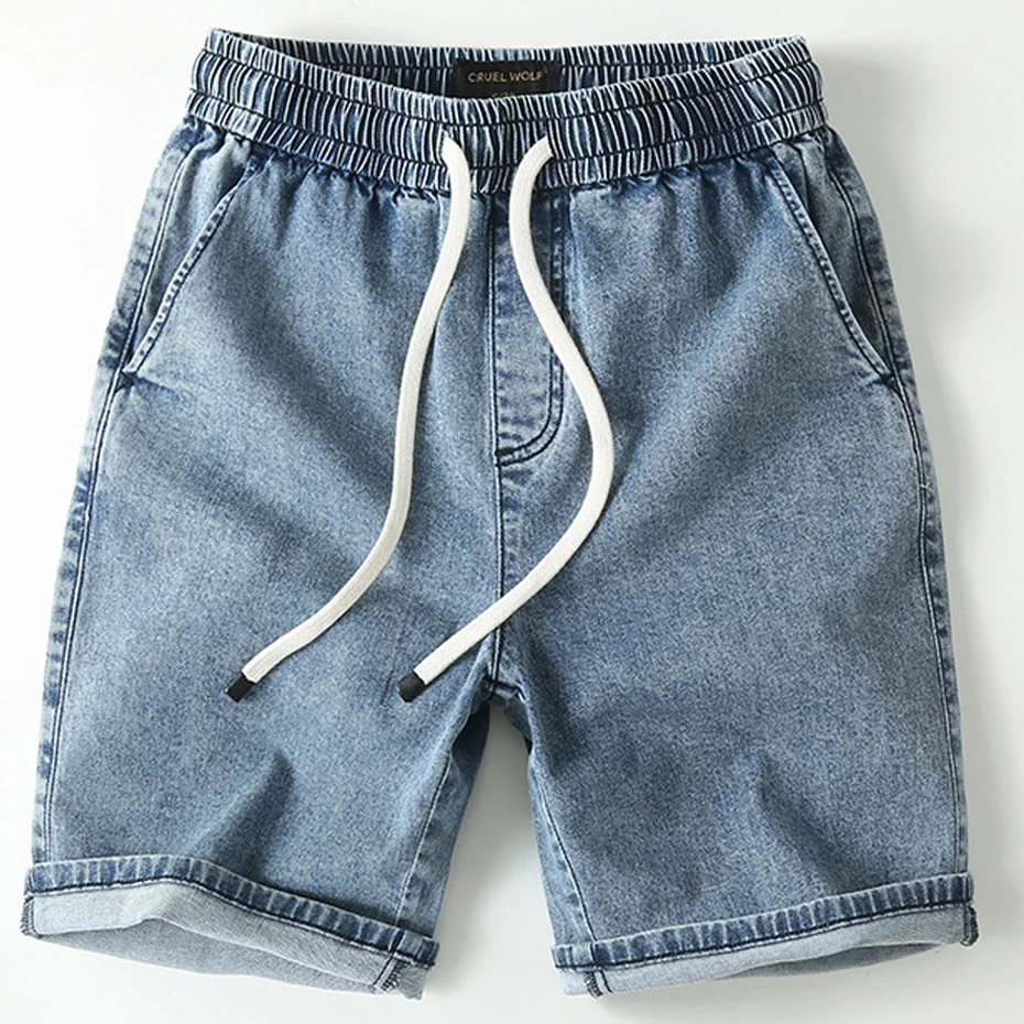 

Denim Shorts Men Blue Jeans Shorts Fashion Casual Solid Color Jeans Shorts Male Elastic Waist Short Pants Summer