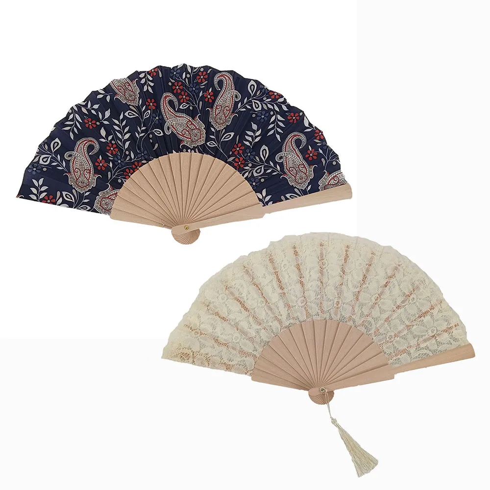 Vintage Foldable Wooden Hand Fan Set 2PCS - Paisley Print & Beige Lace Fan with Tassel for Bridal Shower Party Gift