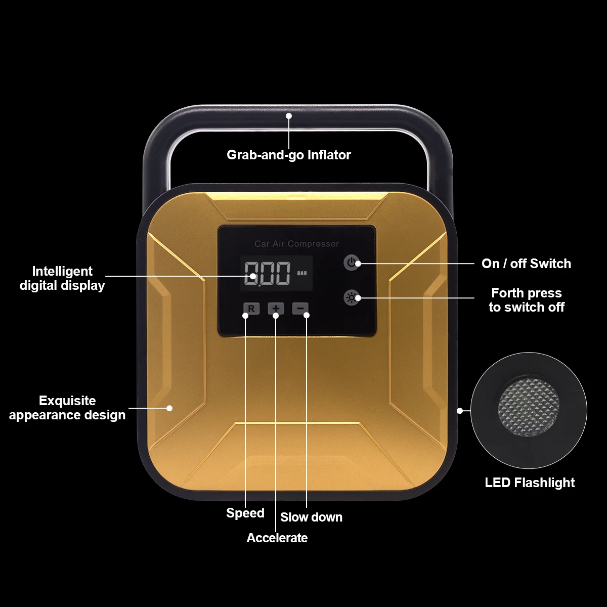 مضخة ضاغط الهواء المحمولة منفاخ الإطارات التلقائي الرقمي الكهربائي مع 3 فوهات مع مضخة نفخ سريعة للإضاءة في حالات الطوارئ