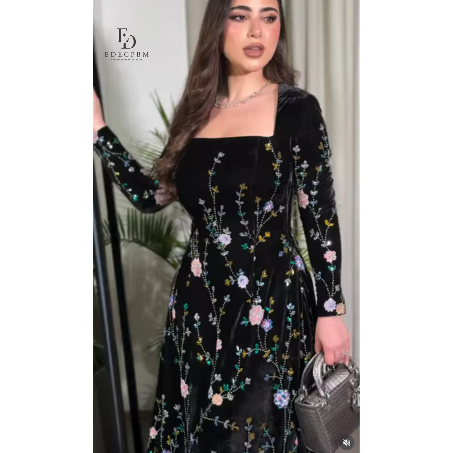 

EDECPBM Square Collar Luxurious Women's Evening Dresses Brands Black Prom Dress Customized A-line Vestidos De Festa فساتين سهرة