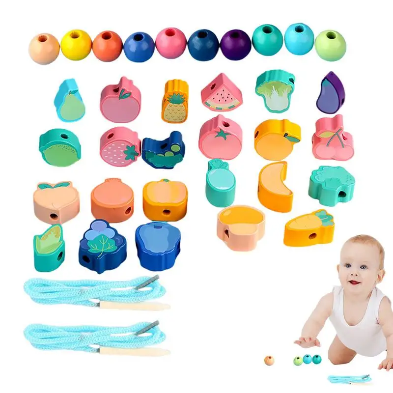 

Wooden Toys Baby DIY Toy Cartoon Fruit Animal Traffic Stringing Threading Wooden Beads Toy Montessori Educational Toys For Kids