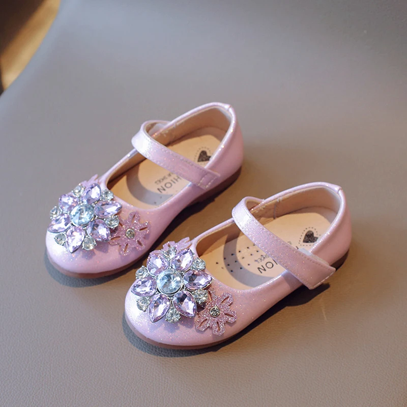 Crystal Snowflakes Shoes Girls Fancy Ice Blue strass Buckle ballerine Baby Kids Glitter perly-lustre Mary Jane Zapatos