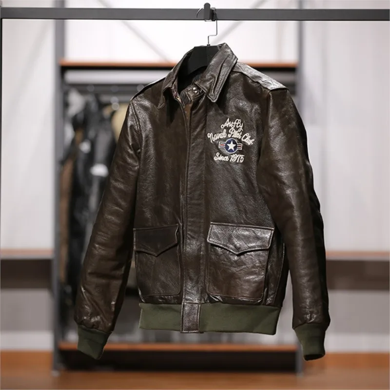 Men's leather with embroidered small green vegetable-tanned mountain