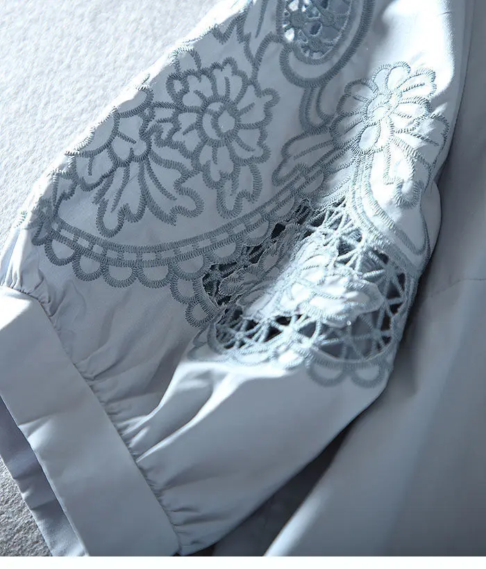 Pure Cotton Hollow Embroidered Shirt for Women 2025 Summer New Loose Versatile Collar Temperament Lantern Sleeves