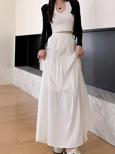 Taille haute ample Laidba Sle f jupe décontracté couleur Pure a-ligne jupe pour les jeunes femmes confortable taille élastique conception