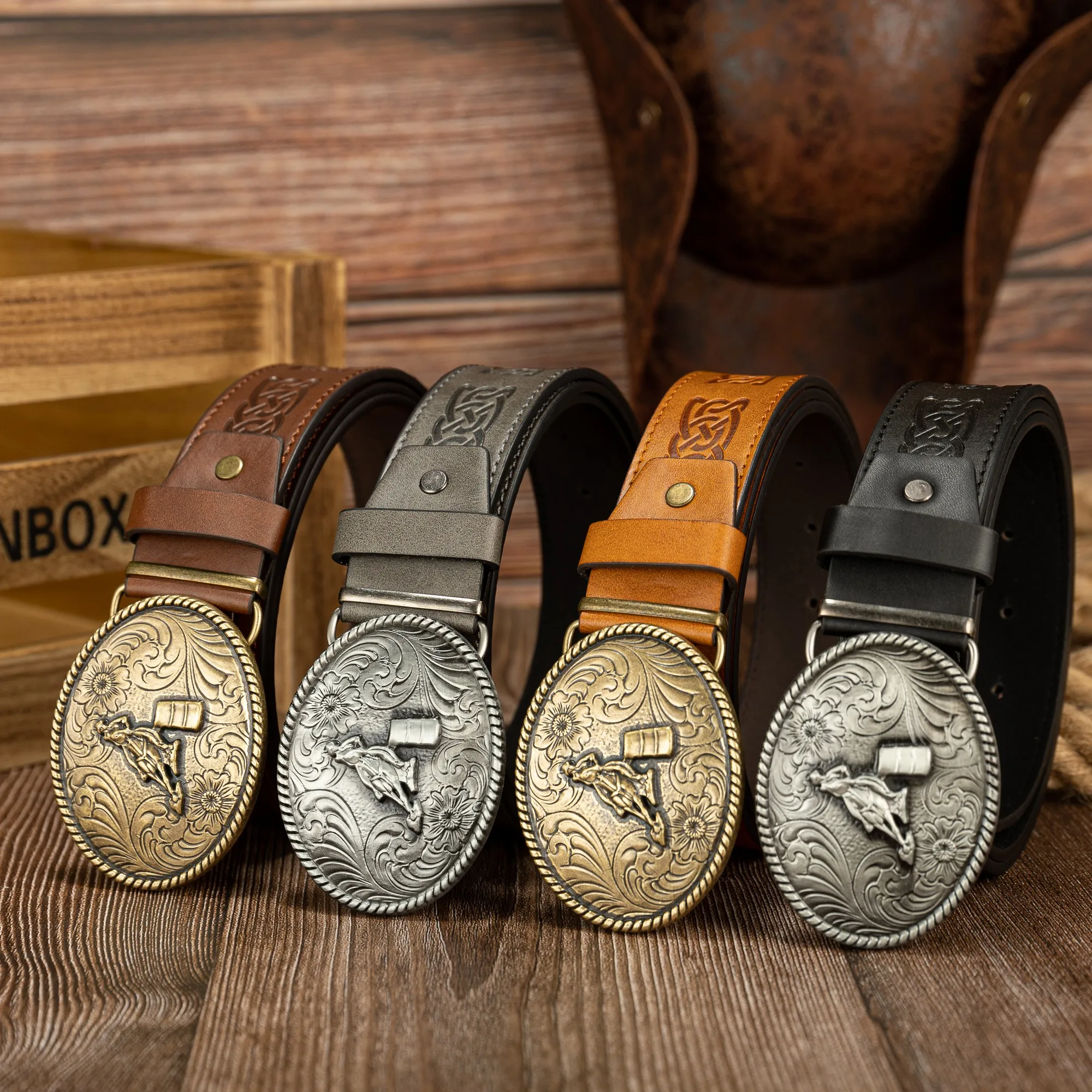 Fashionable PU Leather Belt with Floral Buckle for Men And Women Unique Random Line Embossed Design Oval Horse Riding Shape