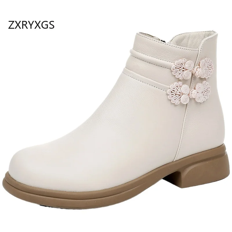 

ZXRYXGS Classic Retro Real Leather Boots Single Low Heels 2025 Top Cowhide with Velevt Winter Snow Boots Women Boots Big Size