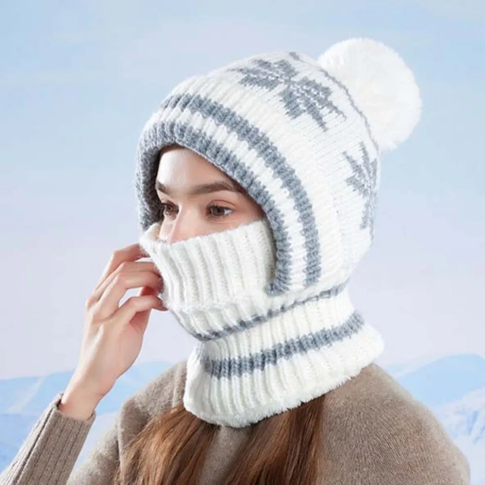 Fleece Lining Knitted Balaclava Hat Ear Protection Snowflake Jacquard Integrated Scarf Cap Thick Warm Fluffy Pom