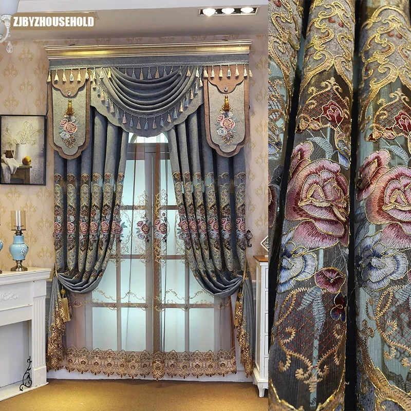 European Style Chenille Embroidered Hollow Curtains for Living Dining Room Bedroom Tulle High Quality 90% Blackout Luxury