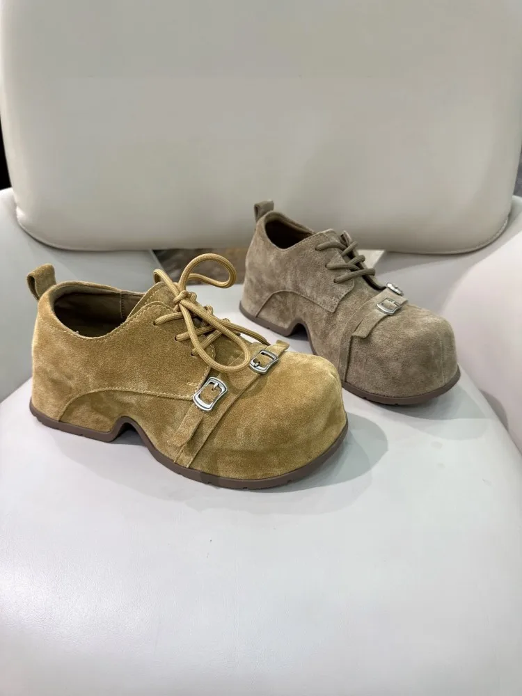 Women Height Increasing Shoes Lace Up Round Toe Personality Buckle Genuine Leather Cow Suede Autumn New Casual Platform Pumps