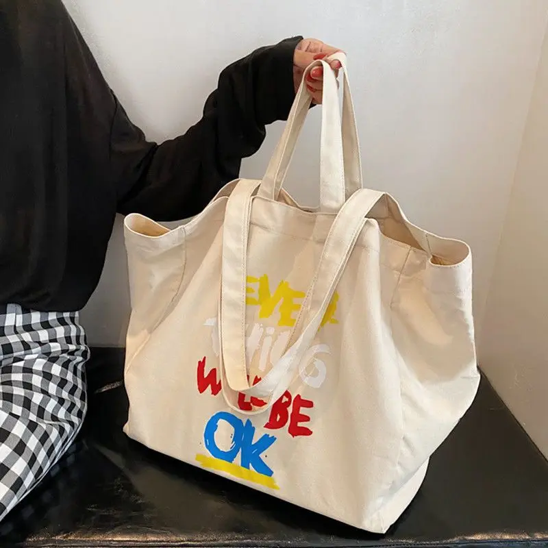 Women Alphabet Canvas Shoulder Bags Female Casual Letter Printed Tote Handbags Large Capacity Cotton Cloth Shopping School Bag