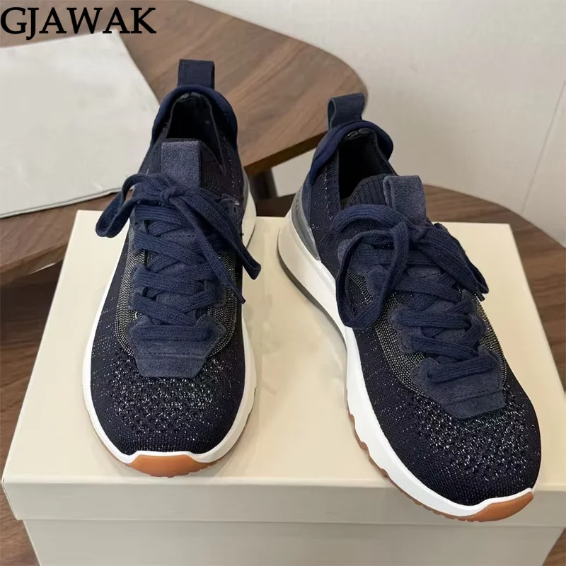 New Platform Lace Up Shoes For Woman Spring Knitted Casual Sneakers Woman Round Toe String Bead Flat Women's Walk Shoes 2026