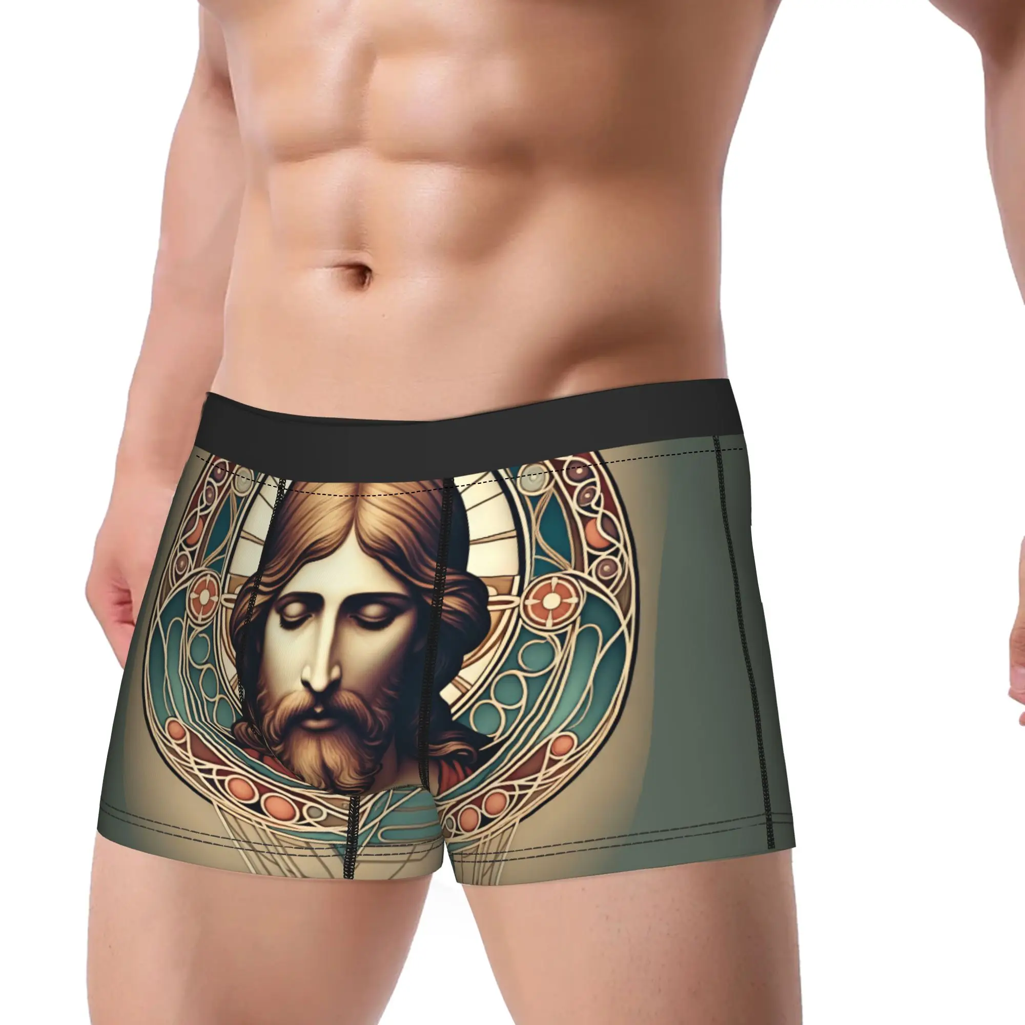 Art Nouveau Stained Glass Jesus Portrait Trunk  3D Pouch Underwear Trenky Print Shorts Briefs Breathable Males Underpants 2XL
