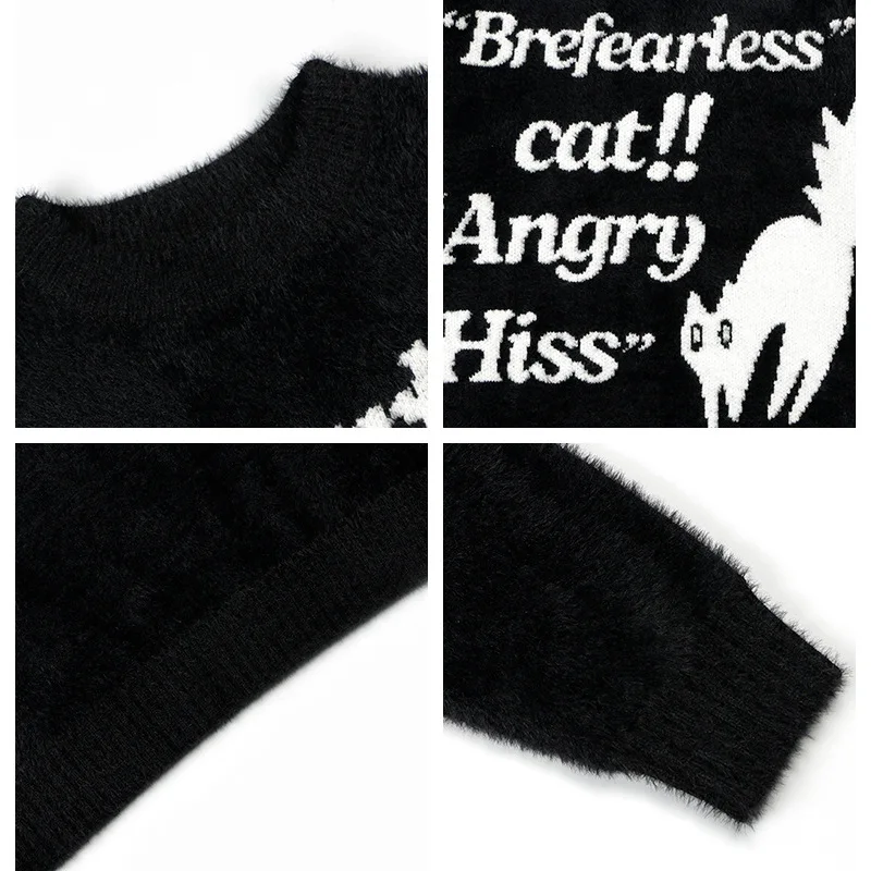 하이 스트리트 고양이 편지 자카드 스웨터 남자 가을 겨울 힙합 streetwear o-넥 니트 스웨터 여성 오버 사이즈 풀오버 탑