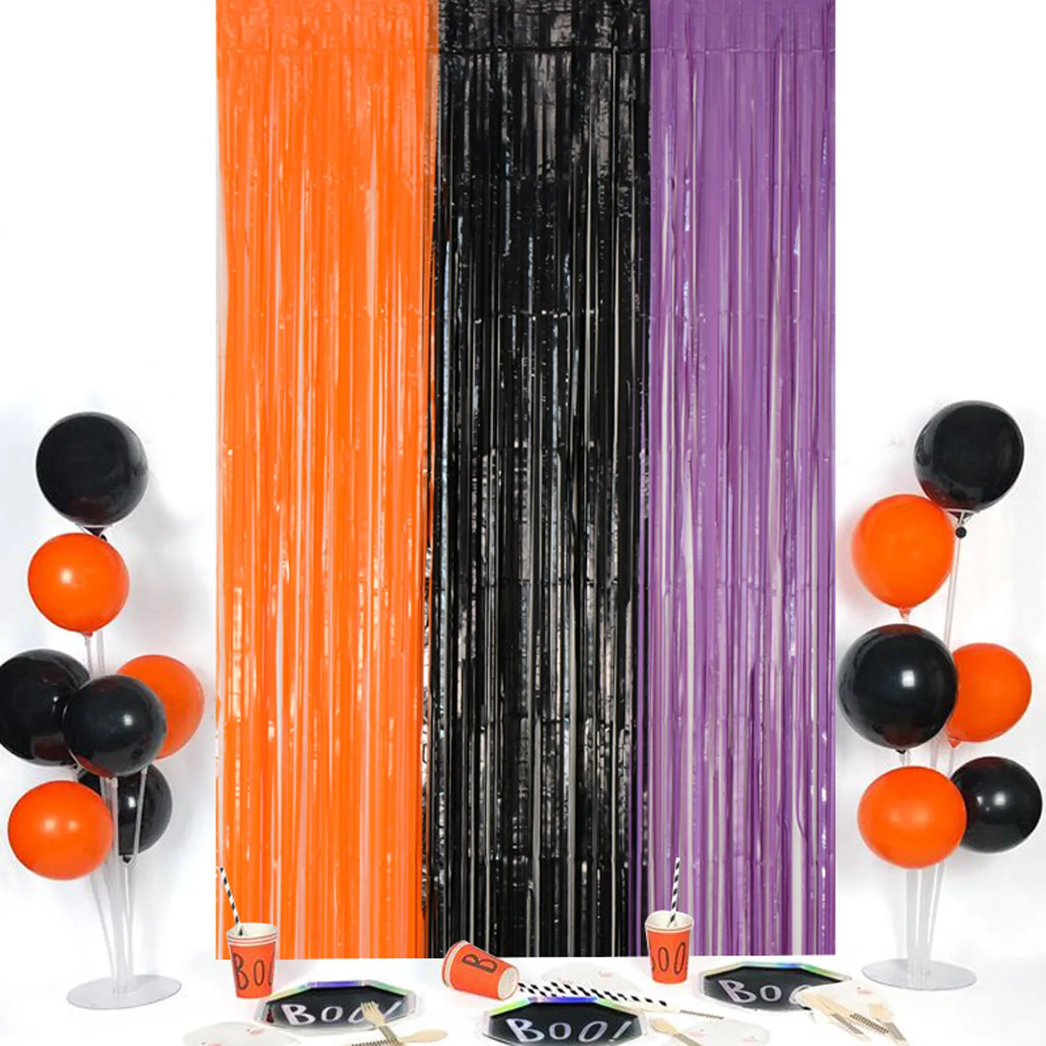 Tricolor Black Orange With Purple Foil Fringe Curtain Door Curtains Photo Booth Back-Drop For Halloween Decoration Party Decor