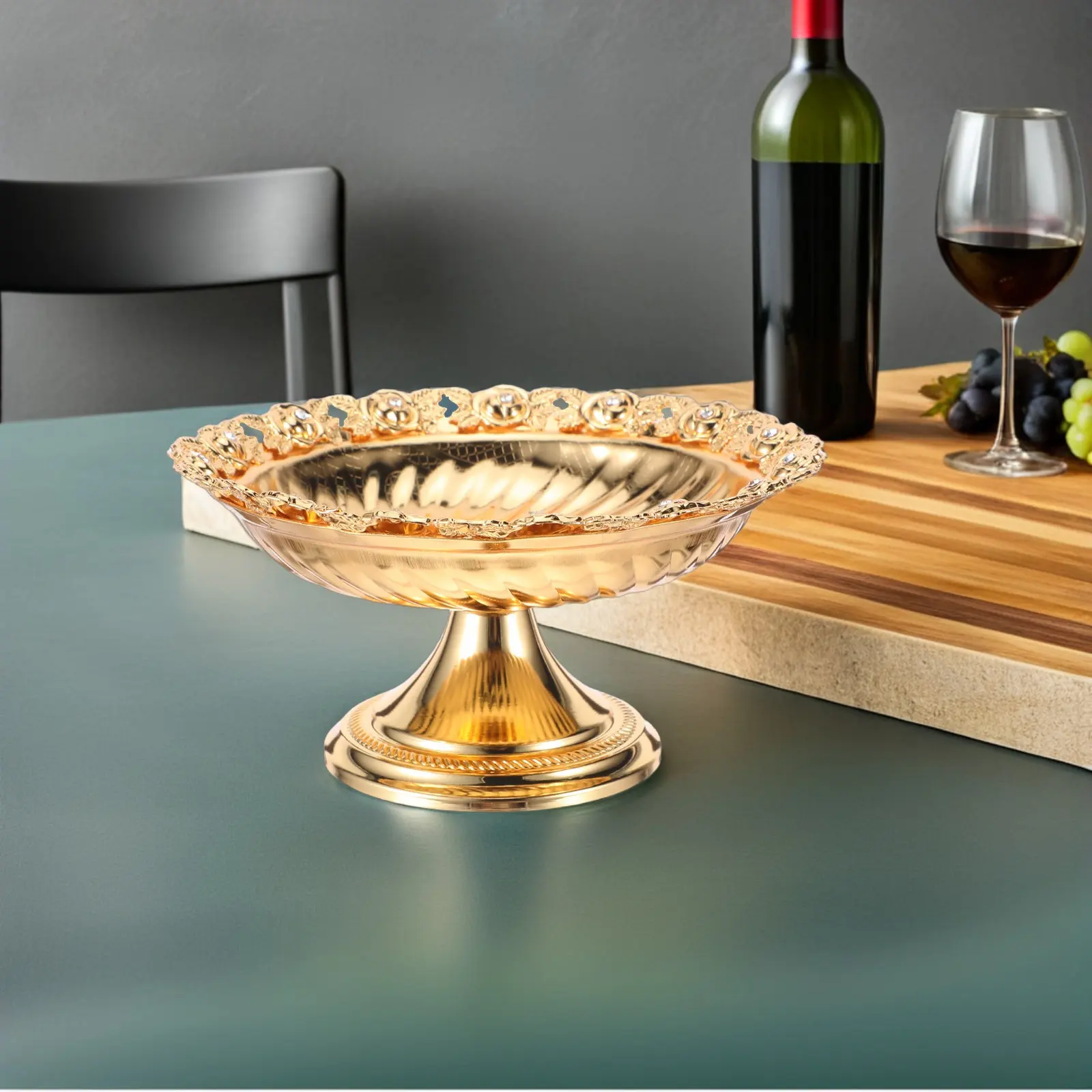 Luxury Metal Fruit Tray with Floral Edges Rhinestone Accents Footed Pedestal Bowl for Kitchen Counter Dessert Platter Jewelry