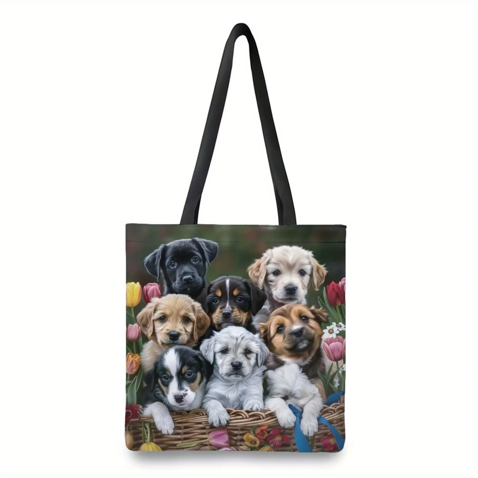 1 Stück Hundetasche mit großem Fassungsvermögen, niedliche Umhängetasche mit mehreren Rassen, Welpen-Tulpen-Design, praktische Einkaufstasche mit großer Kapazität