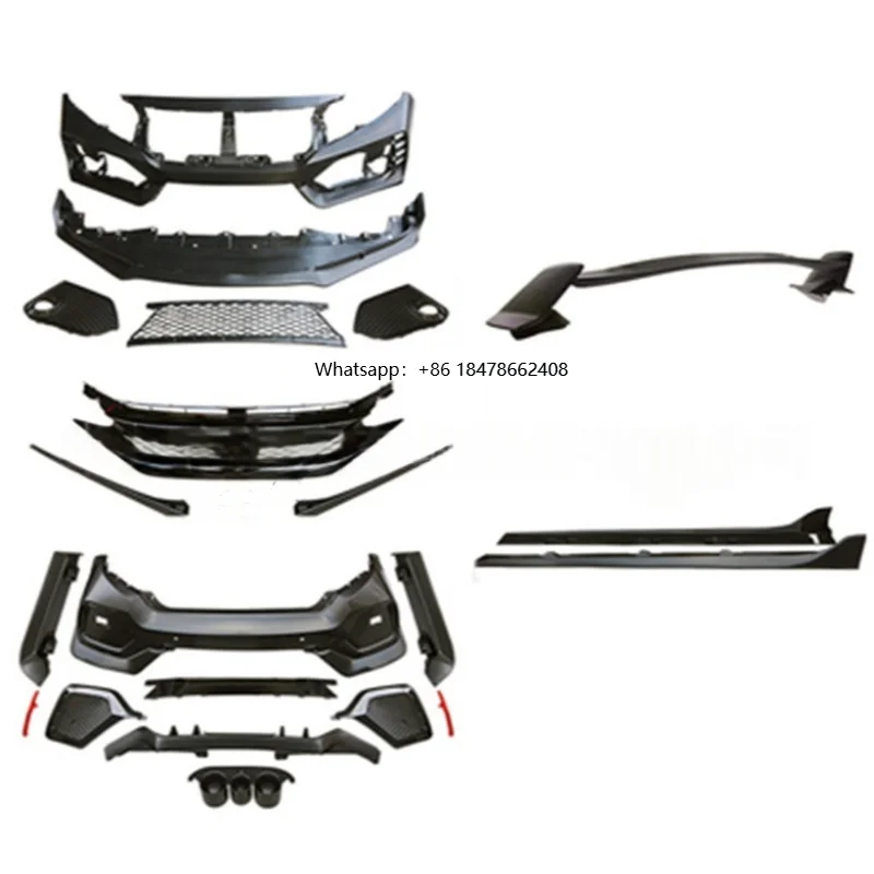 

High Quality Car Conversion Type-R Front Rear Bumper Lip Grille Body Kit With Single Outlet for 2019-2021 Car