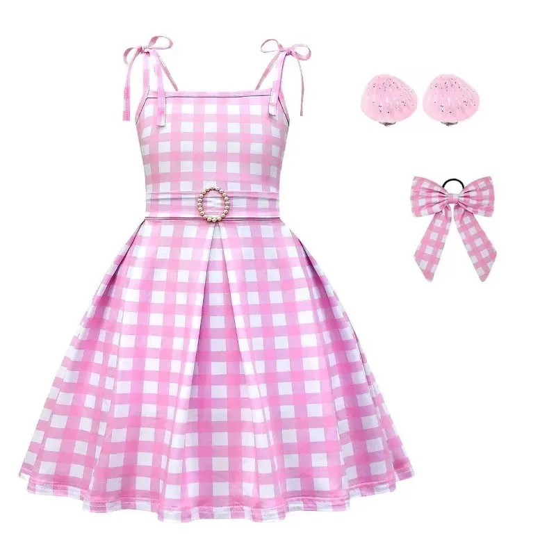 Baby Girl Barbie Dresses Fashion Plaid Sweet Cosplay Costume Summer Strap Slim Children Outfit for 3-10 Years Kids Outfita