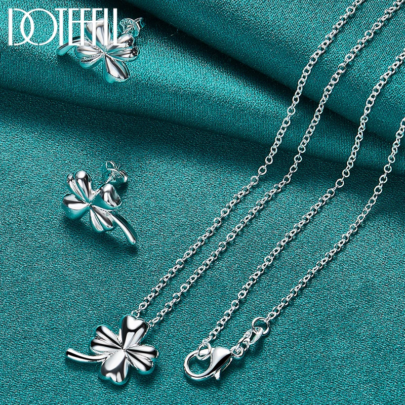 DOTEFFIL 2pcs 925 Sterling Silver Clover Flower Necklace Earrings For Fashion Woman Charm Jewelry Jewelry Sets